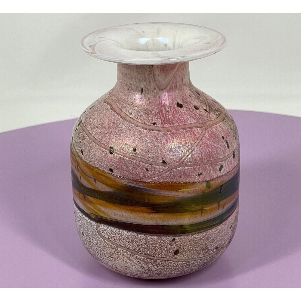 Vintage art glass vase, pink, green, gold, hand blown, signed Gozo Jean